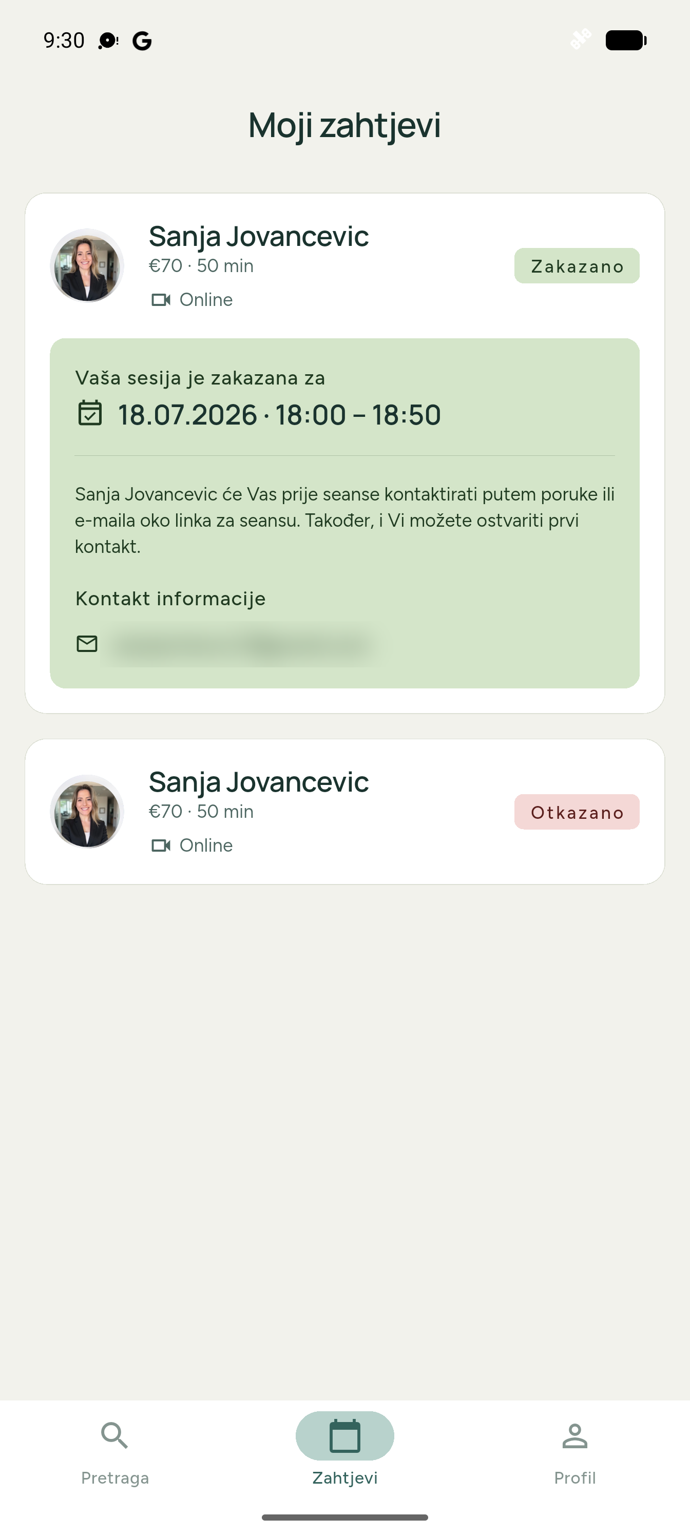 Korak aplikacija: zakazana sesija sa terminom