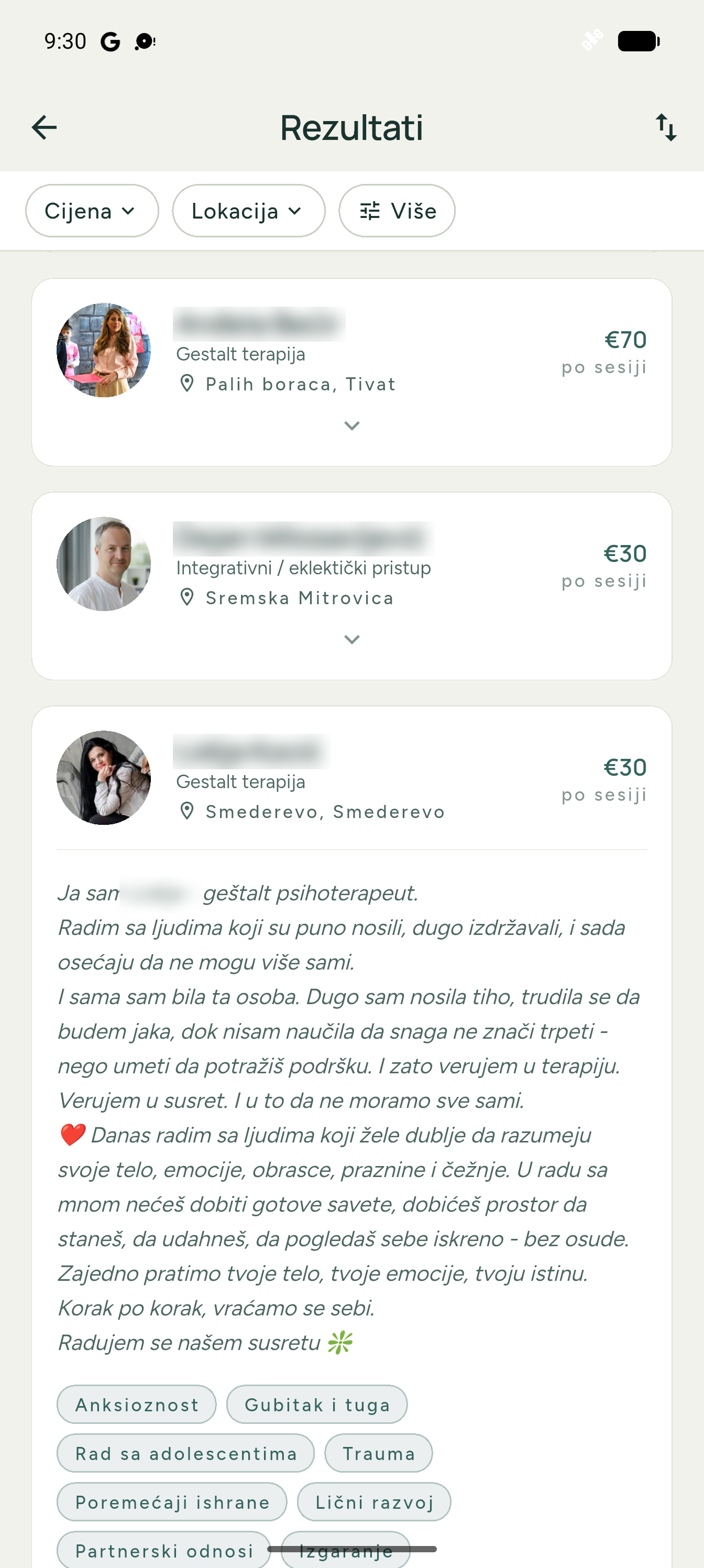 Korak aplikacija: profil terapeuta sa temama, pristupima i cenom po sesiji
