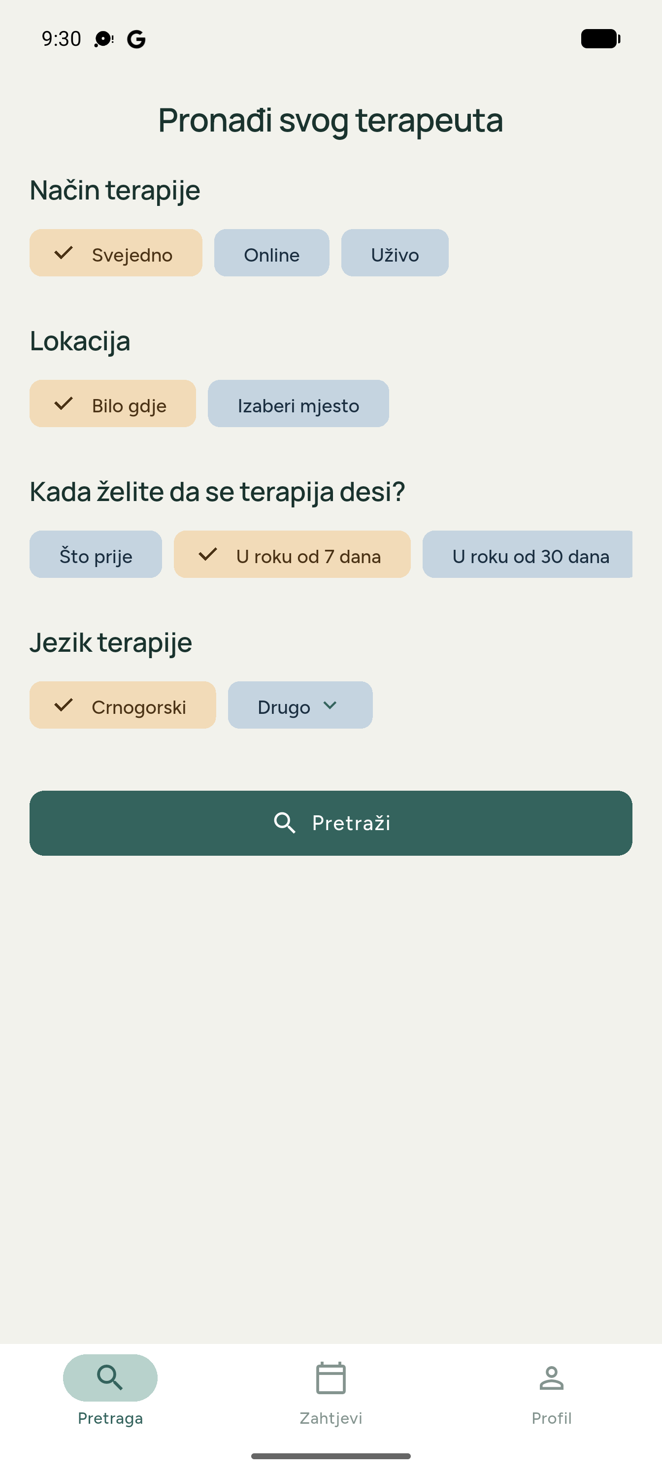 Korak aplikacija: pretraga terapeuta sa filterima