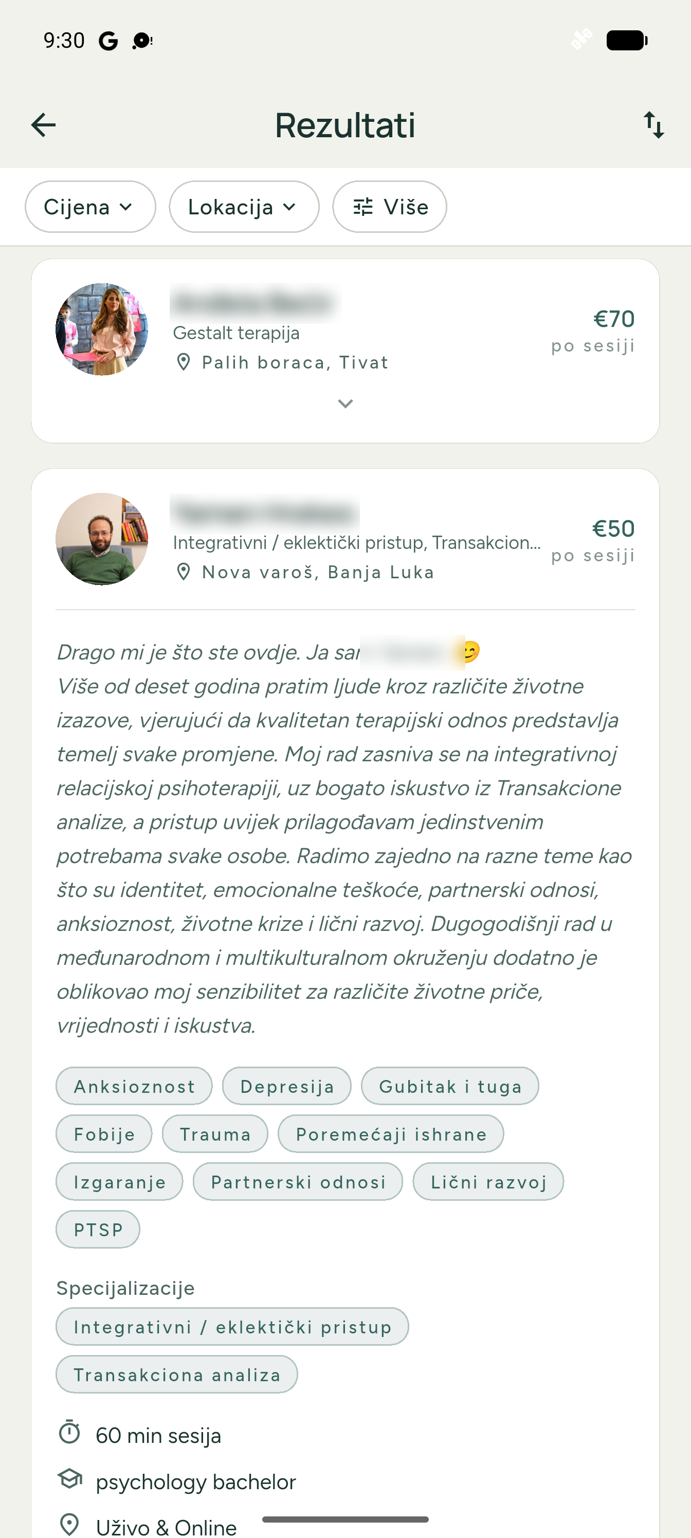 Korak aplikacija: rezultati pretrage terapeuta